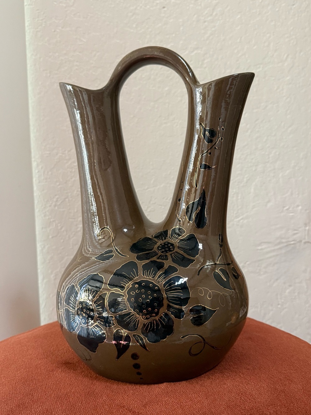 Vintage Signed Studio Pottery Double-Spout Ceramic Jug with Black & Gold Flowers